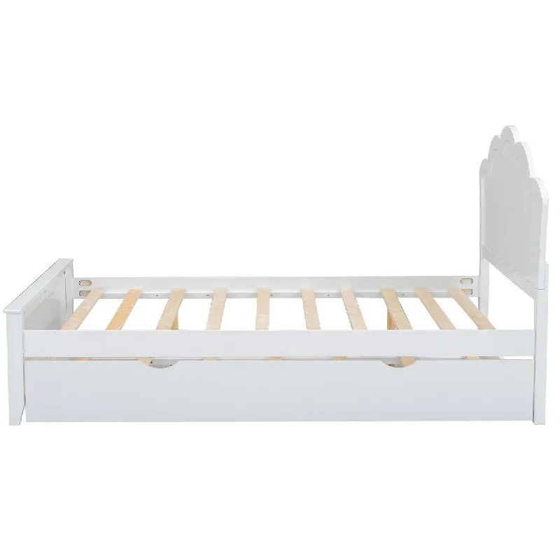 Full Size Wooden Bed with Elegant Curves Headboard, Platform Bed with Twin Size Trundle, White