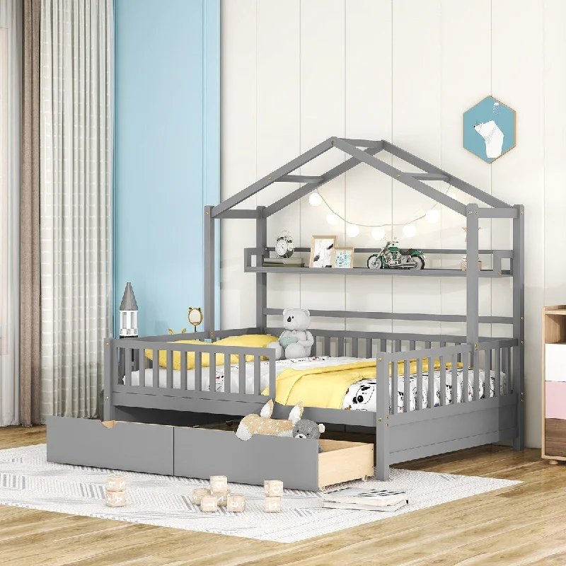 Gray Full Size House Platform Bed with 2 Drawers, Shelf, Roof, Semi-Enclosed Space, Sturdy Pinewood Frame, Space-saving