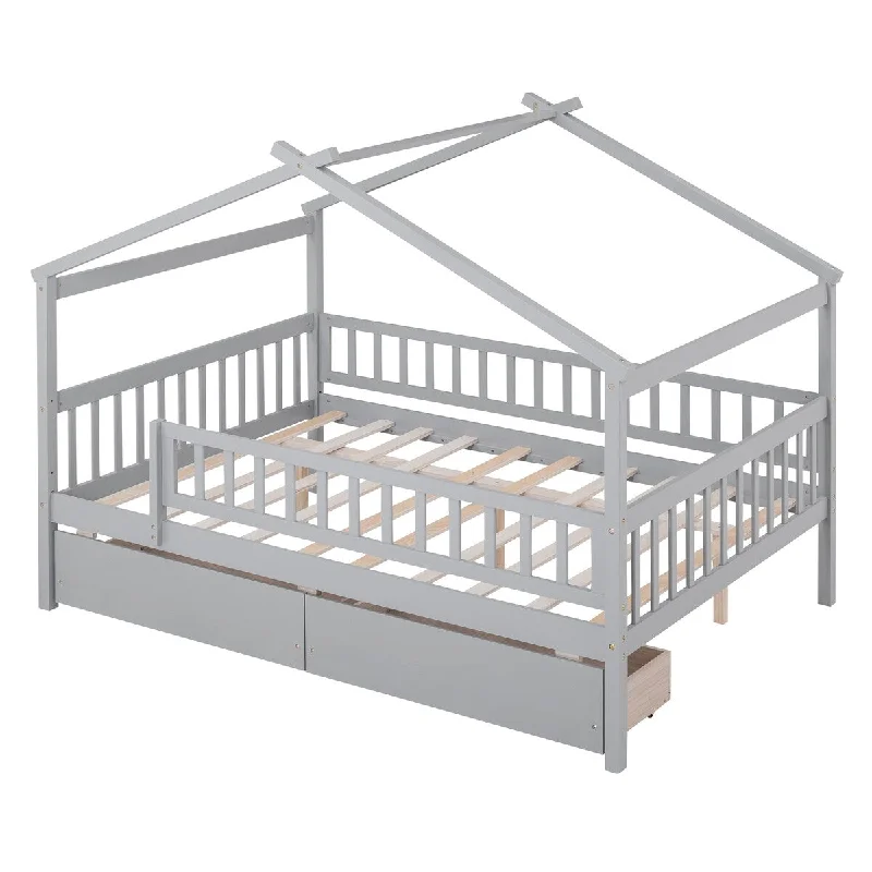 Gray Full Size Wooden House Bed with Two Drawers and Guardrail, Imaginative Sky Roof, Spacious Storage, Solid Pine Construction