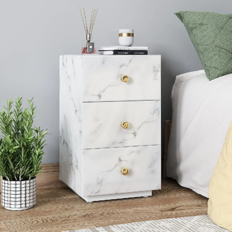 Gray Marble Glass Nightstand with 3 Drawers - Side Table for Bedroom or Living Room - Tempered Glass for Durability