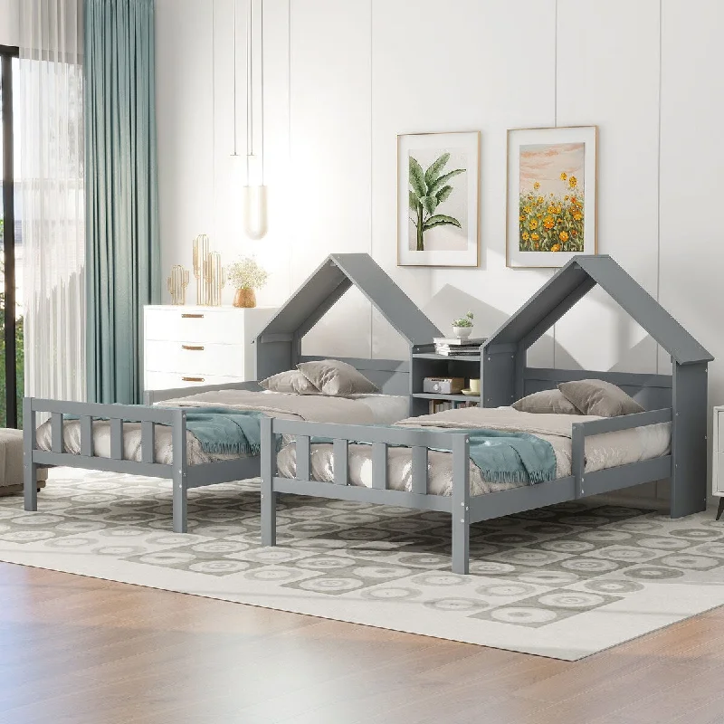 Grey Double Twin Size Platform Bed with House-shaped Headboard, Built-in Nightstand, Sturdy Pine Wood Construction