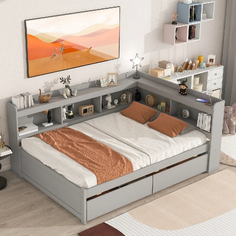 Grey Full Size Bed with L-Shaped Bookcases, Storage Drawers, and Contemporary Design, Space-Optimizing, No Box Spring Needed