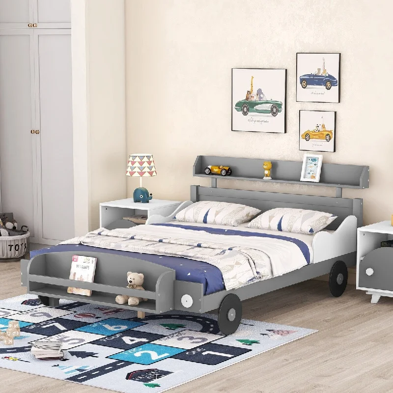 Grey Full Size/ Car-Shaped Platform Bed with Storage Shelf and Headboard