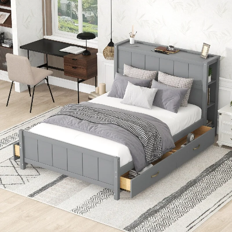 Grey Full Size Platform Bed with Drawers