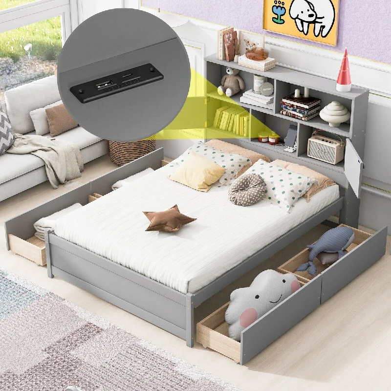 Grey Full Size Platform Bed with Storage Headboard, Charging Station, 4 Drawers - Large Storage