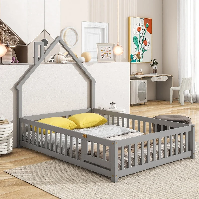 Grey Full Size Wood House Floor Bed with Fence