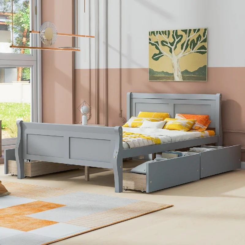 Grey Full SizeElegant Wood Platform Bed with Four Drawers