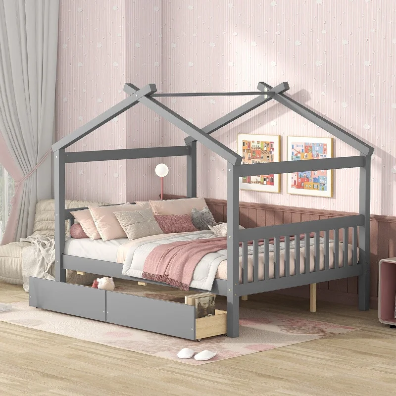 Grey Full SizeSolid Wood House Bed with Two Handy Drawers