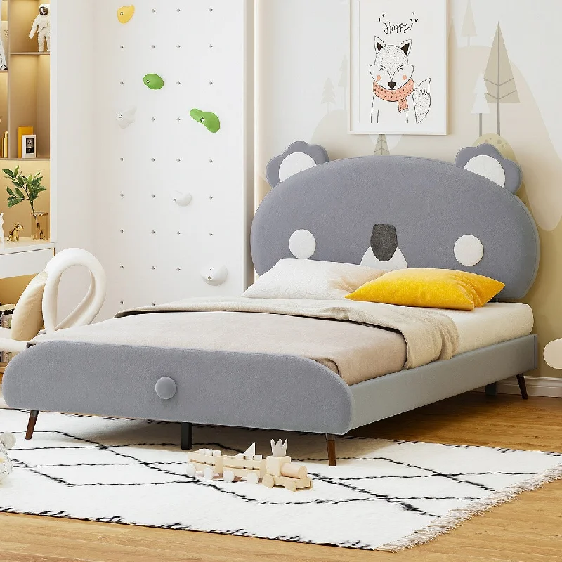 Grey Full SizeUpholstered Platform Bed with Animal Headboard