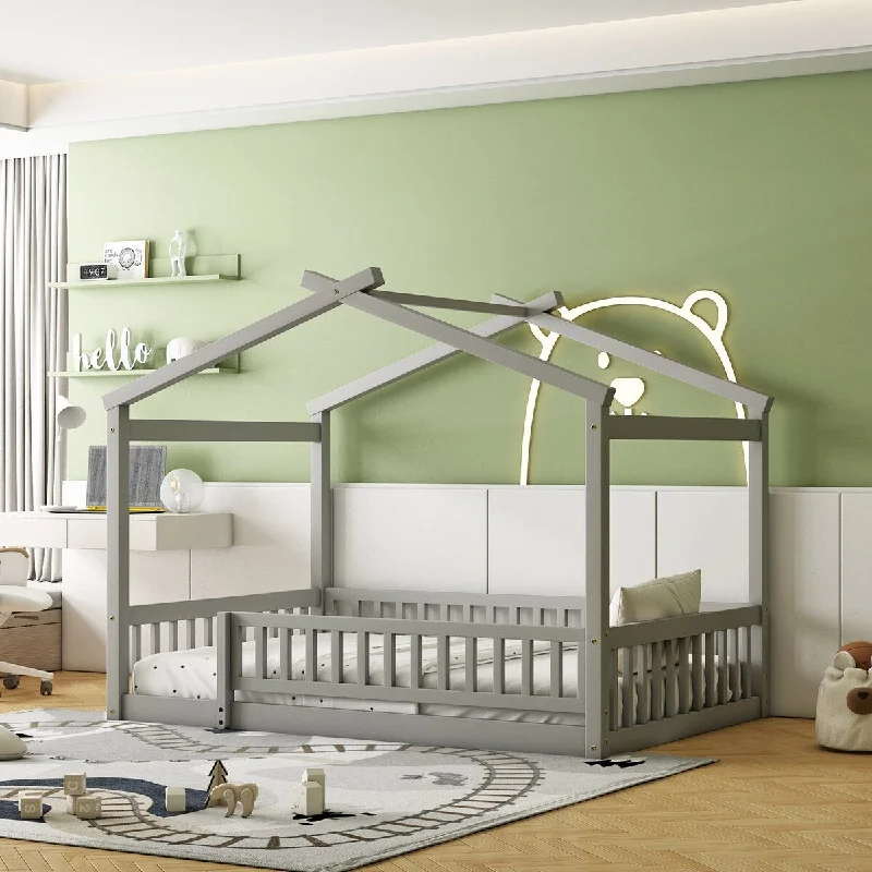 Grey Full SizeWooden House Bed with Attached Fence, Featuring Playhouse Design