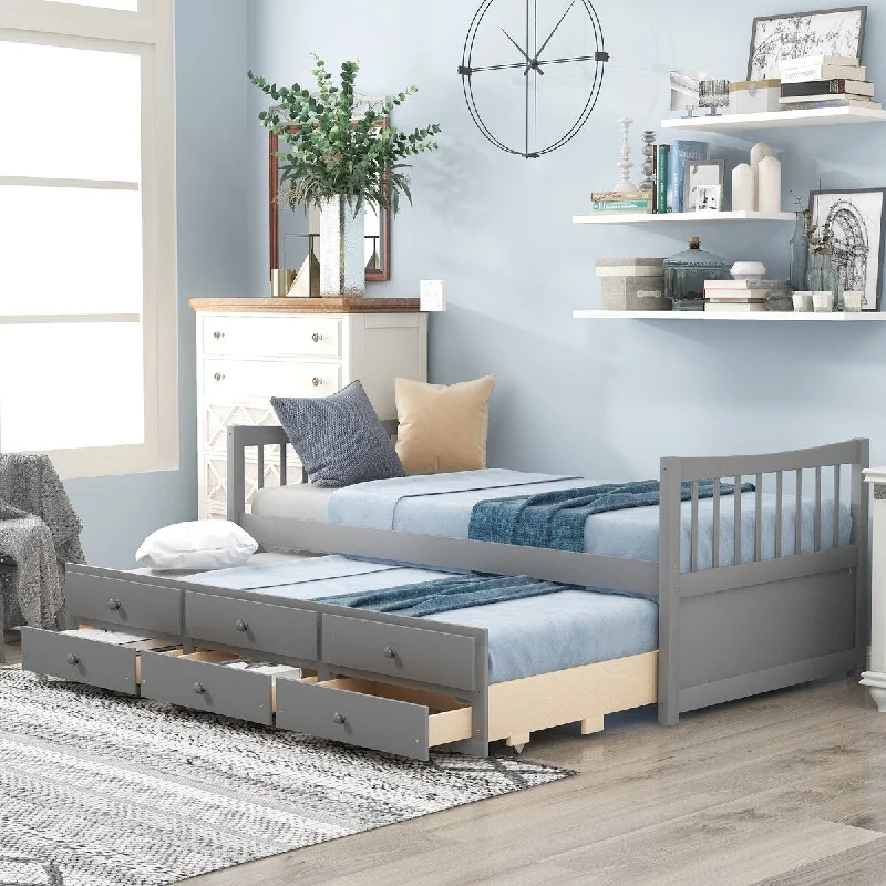 Grey Twin Size Daybed with Trundle and Storage Drawers