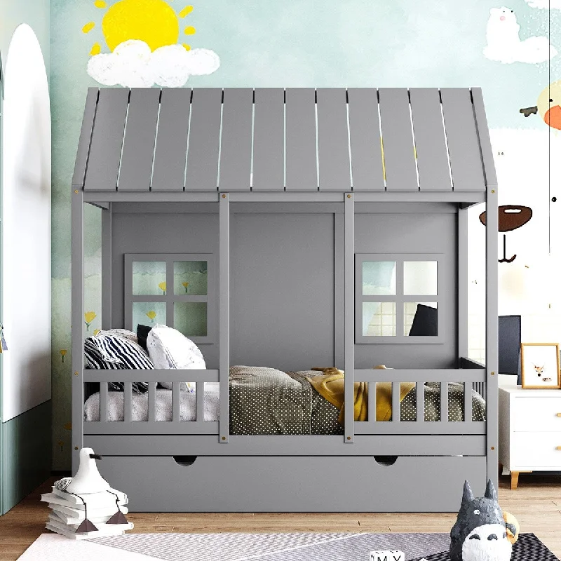 Grey Twin Size House Bed Platform Bed and Twin Size Trundle, Farmhouse Design Kids Bed Frame Safety Guardrail Toddler Bed