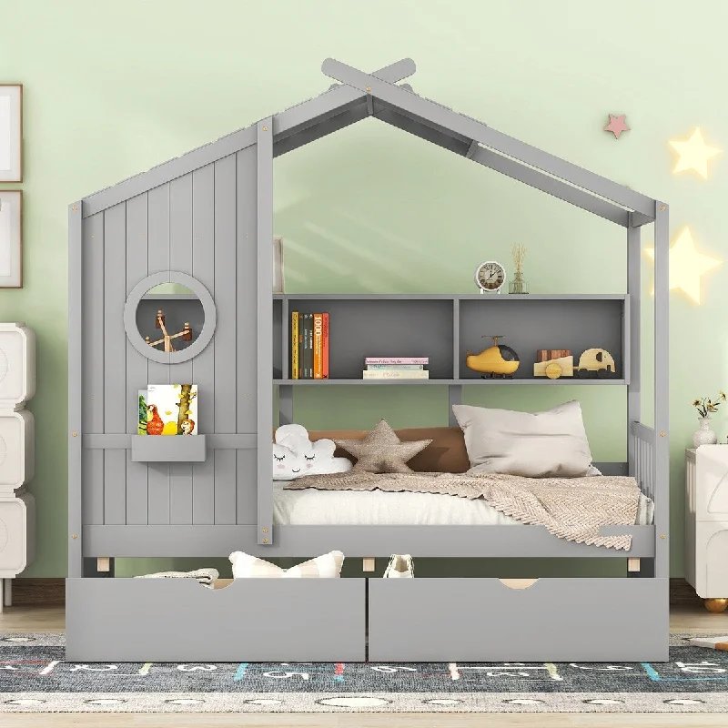 Grey Twin Size House Bed with Roof, Dual Drawers, and Storage Shelf