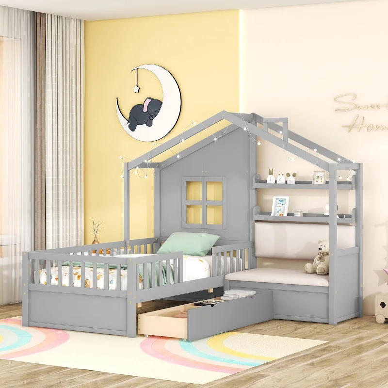 Grey Twin Size House Bed with Sofa, Kids Platform Bed with Two Drawers and Storage Shelf, Linen Upholstered Sofa