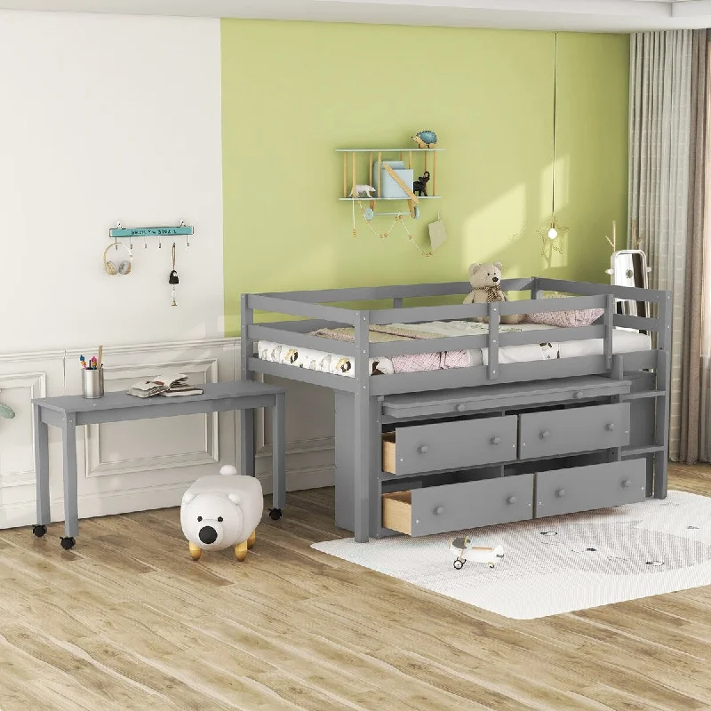 Grey Twin Size Loft Bed with Retractable Writing Desk and Additional Drawers for Organized Living