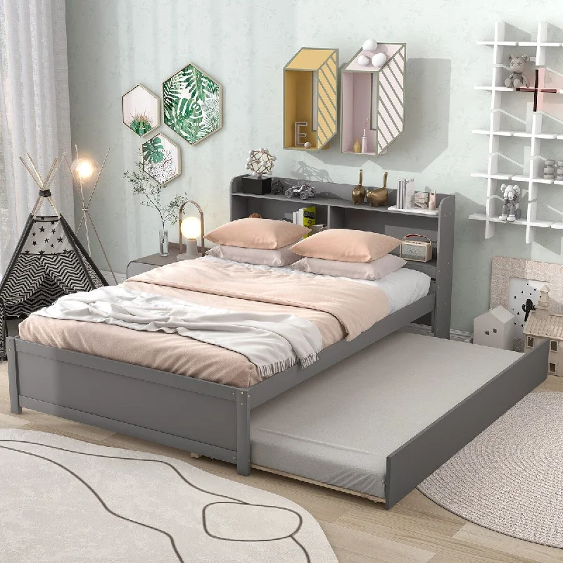 Grey Twin Size Platform Bed with Trundle Perfect for Bedroom