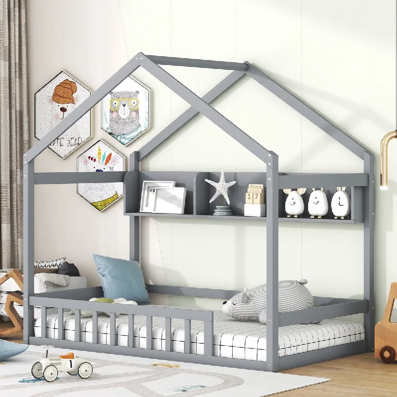 Grey Twin Size Solid Wood House Bed with Storage Shelf - Kids Bed with Fence and Roof