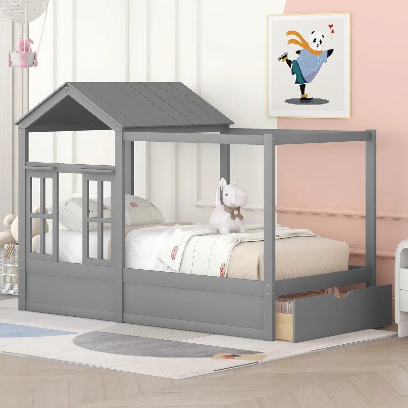 Grey Twin Size Wood House Bed with Roof, Window, and Attached Drawer for Added Storage