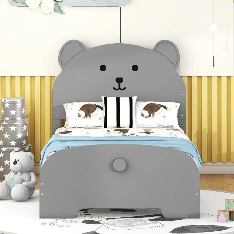 Grey Twin Size Wood Platform Bed with Bear-Shaped Headboard