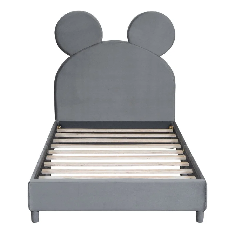 Grey Twin SizeBear Ear Platform Bed