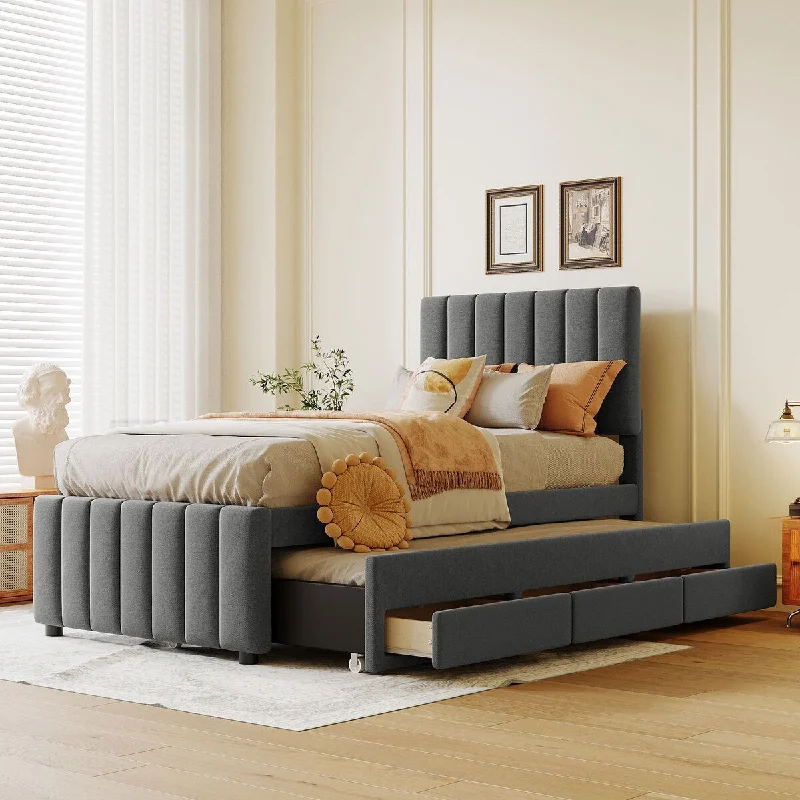 Grey Twin SizeContemporary Upholstered Platform Bed with Trundle and Drawers