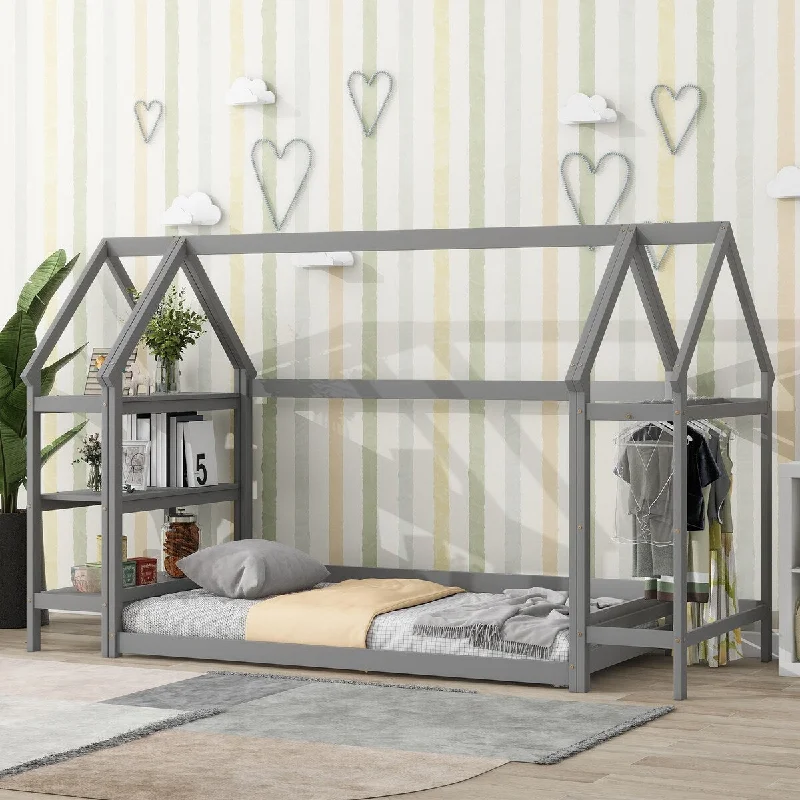 Grey Twin SizeKids House Bed - with Storage Racks and Hangers