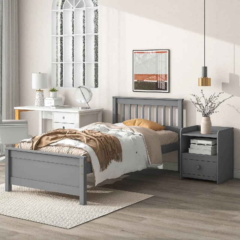 Grey Twin SizeModern Bed with Integrated Nightstand, No Box Spring Needed