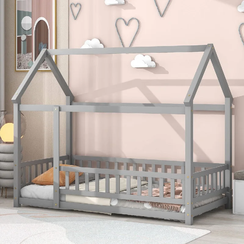 Grey Twin SizeNatural Wooden Floor Bed with Charming House Roof Frame and Attached Guardrails