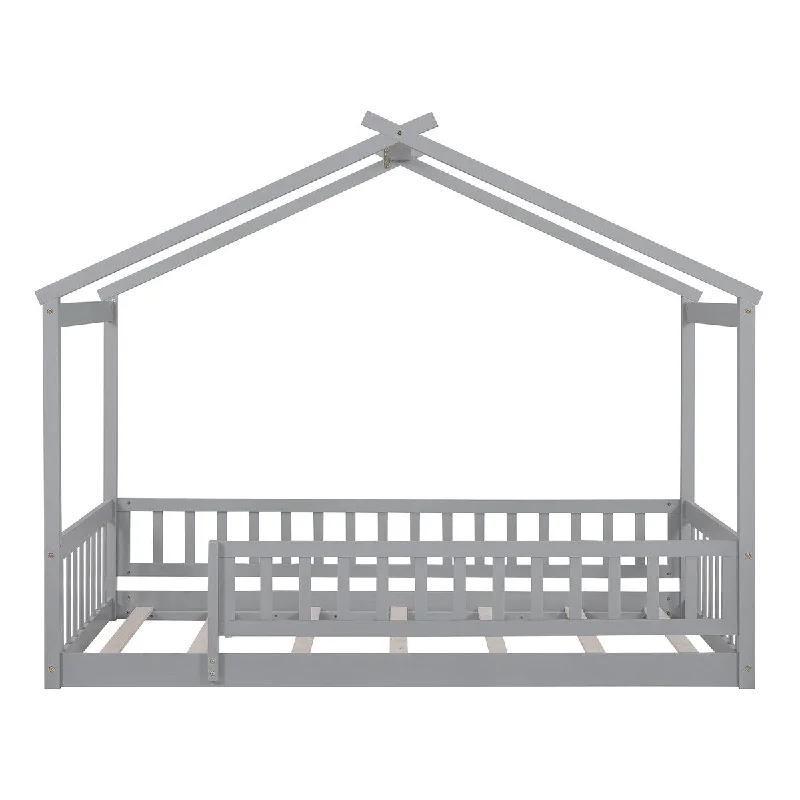 Grey Twin SizePlayhouse Bed Frame with Fence - Fun and Functional Design