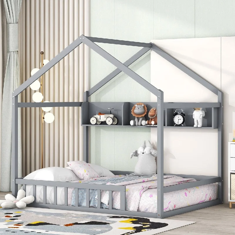 Grey Twin SizeWooden House Bed with Storage Shelf,Kids Bed with Fence and Roof