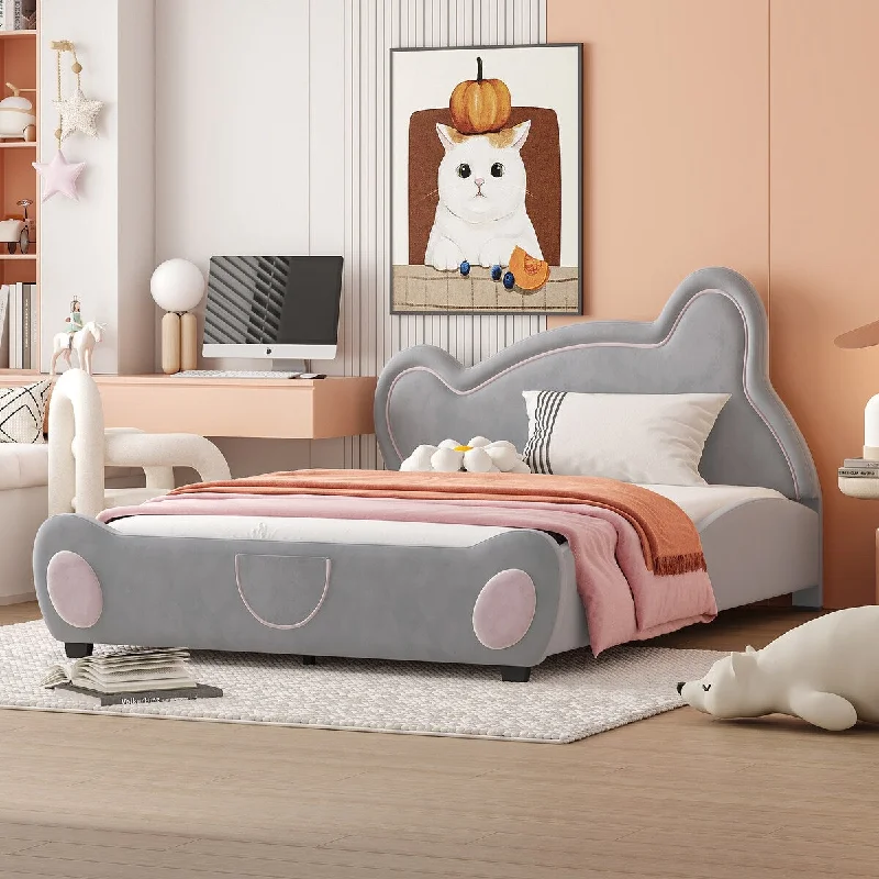 Grey Velvet Upholstered Grounded Bed with Bear-Shaped Headboard