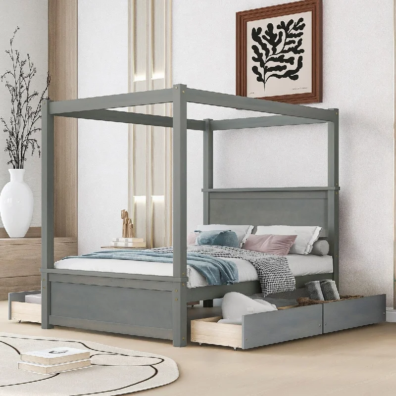 Grey Wood Full Size Canopy Platform Bed with Support Slats and Four Drawers