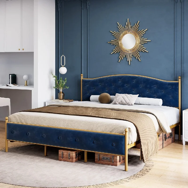 Heavy Duty Metal Bed Frame Upholstered Platform Bed with Velvet and Button Tufted Headboard