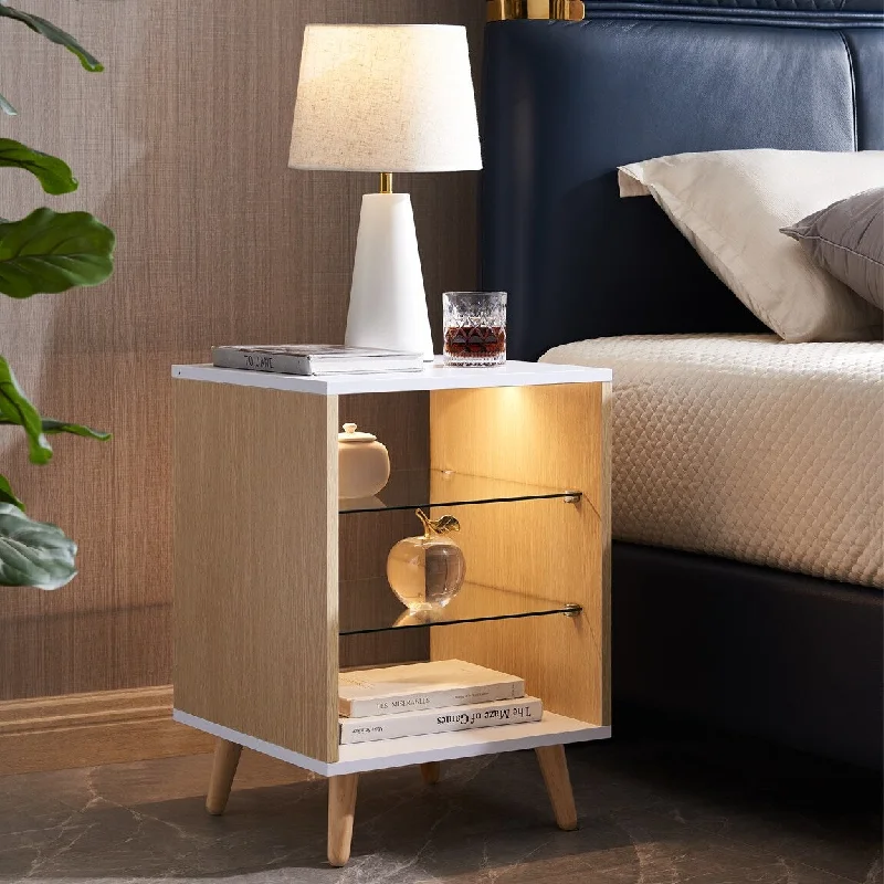 LED Nightstand with 2 Glass Shelves, Modern Bedside Table with 3 Color LED Lighting