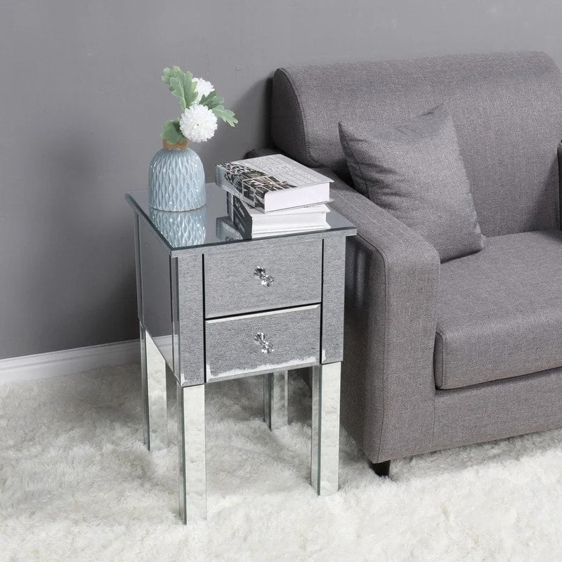 Modern 2 Drawers Mirrored Nightstand Bedside Table Silver