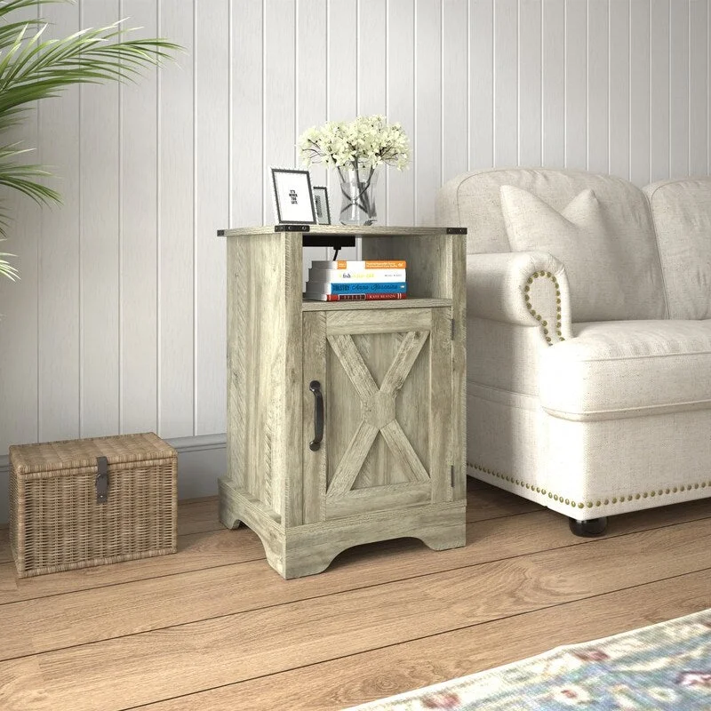 Modern Farmhouse Nightstand Side Table, Wooden Rustic End Table, Tall Bedside Table with Electrical Outlets Charging Station