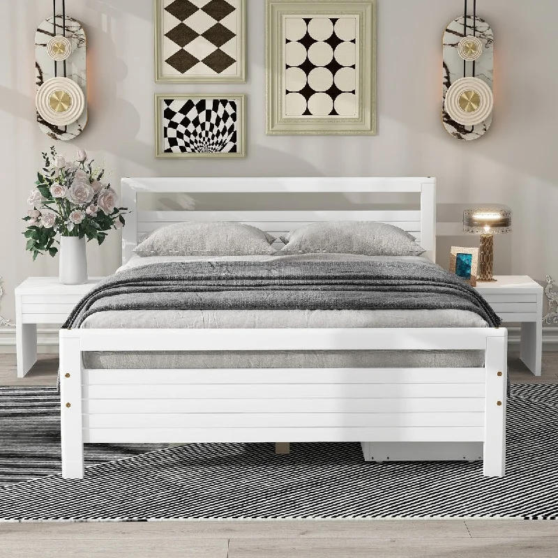 Modern Full Size Wooden Bed with 2 Storage Drawers, Platform Bed with 2 Bedside Tables, White