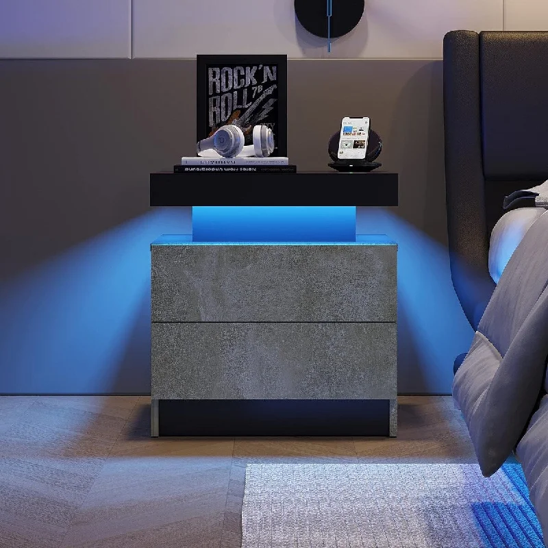 Modern Nightstand,Bedside Table Cabinet with LED Lights,End Side with 2 Drawers