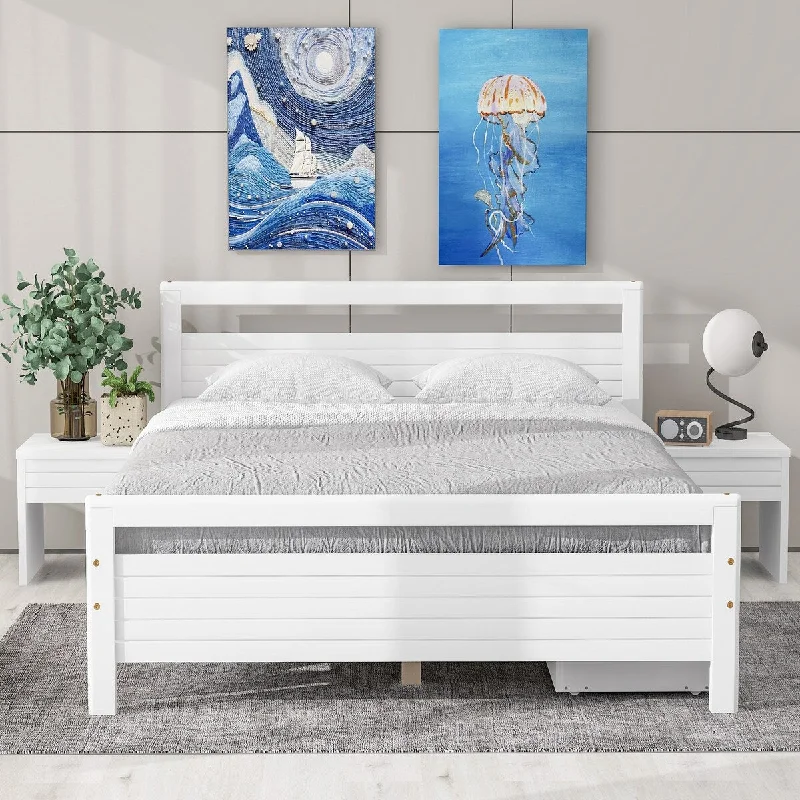 Modern Queen Size Wooden Bed with 2 Storage Drawers, Platform Bed with 2 Bedside Tables, White