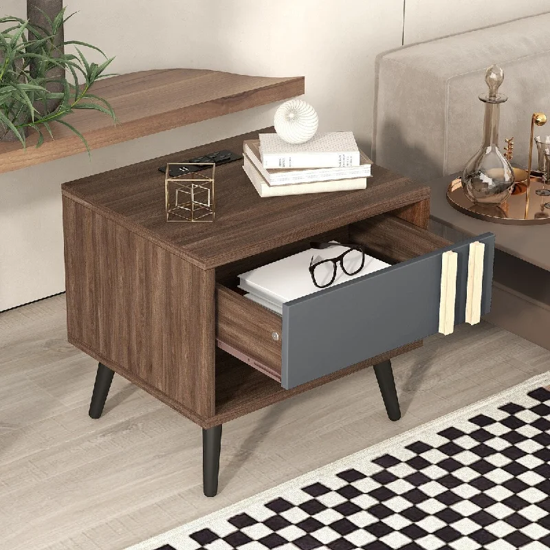 Modern Rustic Walnut Wooden Nightstand with USB Charging Ports - Functional End Table for Bedroom