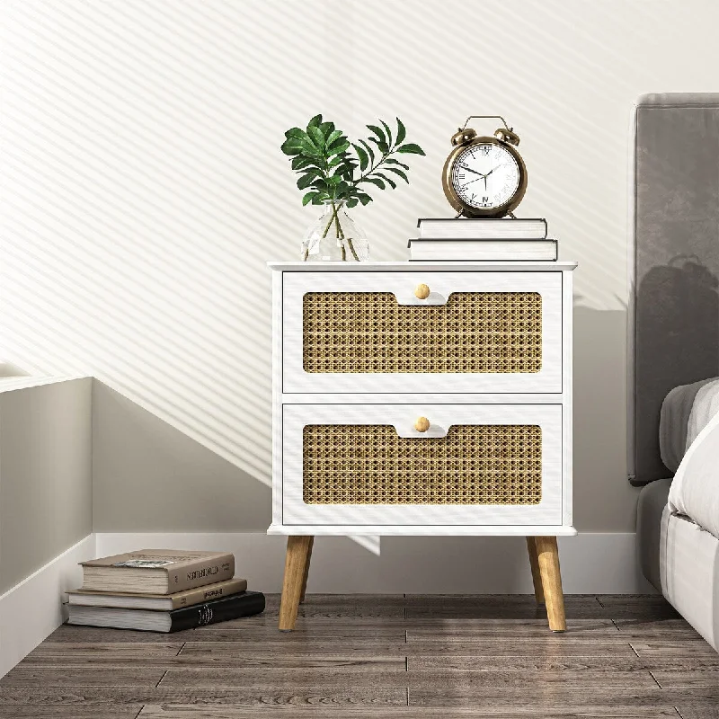 Modern Two-Color MDF Bedside Table With Two Rattan Drawers