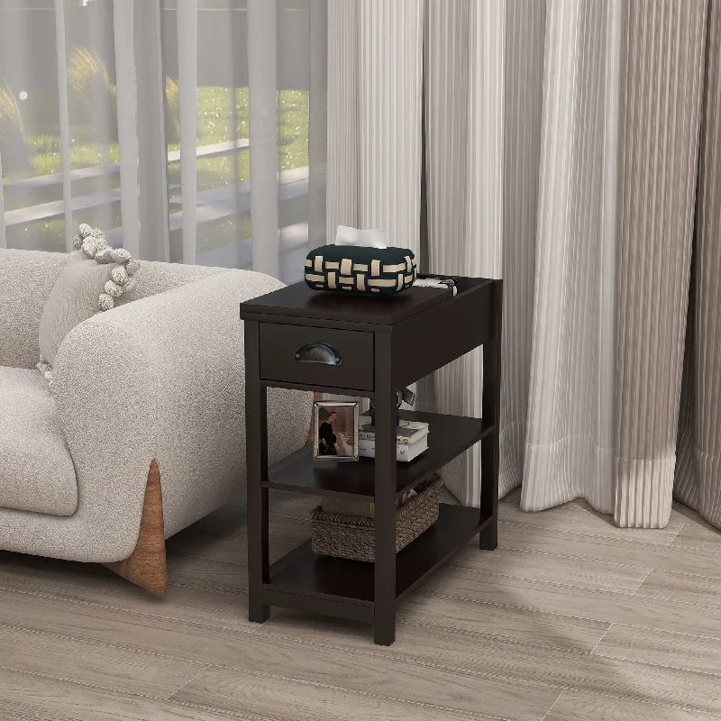 Narrow Side Table Bedside Cabinet w/ Flip Over Storage Cube, Brown