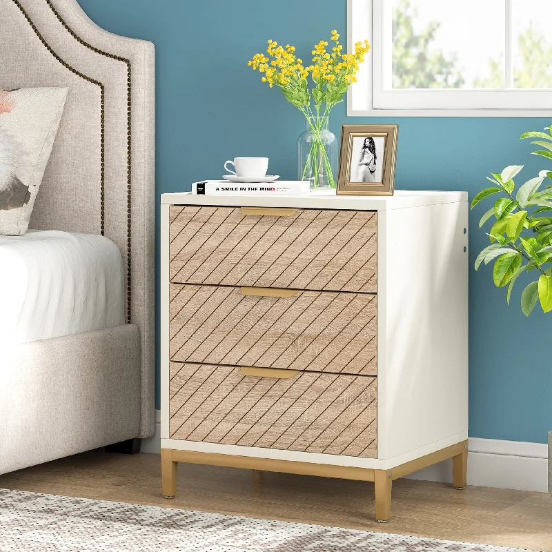 Night Stands for Bedrooms, 3 Drawers White and Gold Light Wood Grain Nightstands Bedside Table