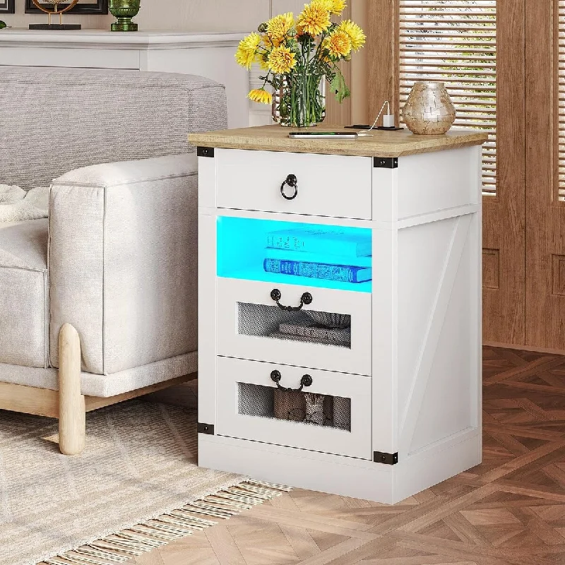 Nightstand 3 drawers Bedroom End Table Charging Station Farmhouse