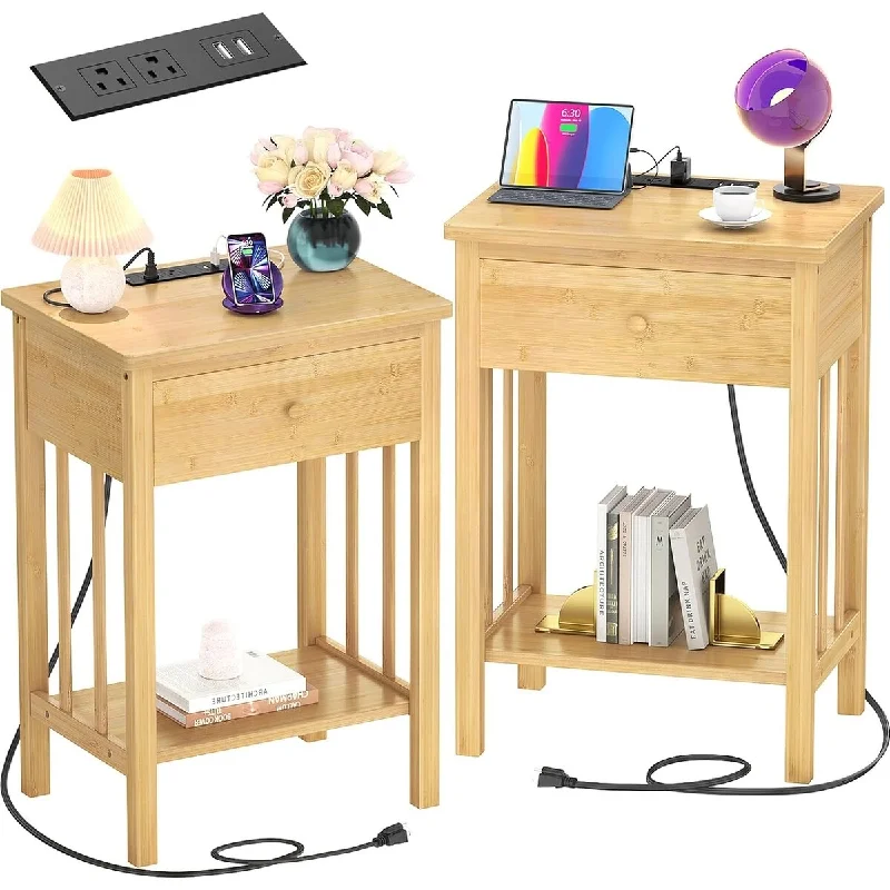 Nightstand with Charging Station, Bamboo Set of 2, Wood Bedside 13.78"D x 15.75"W x 23.62"H