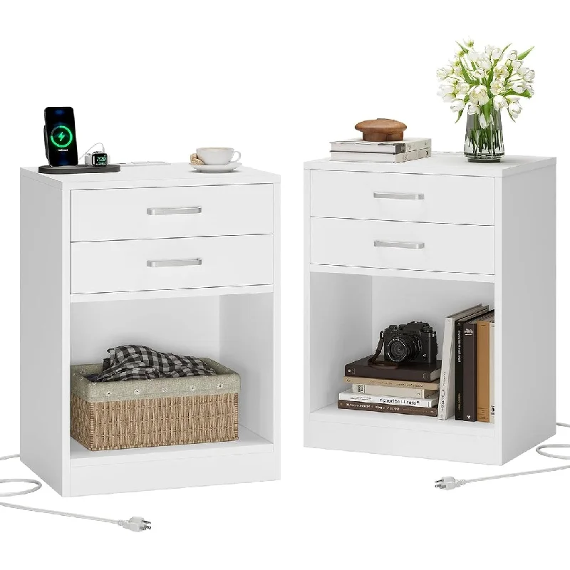 Nightstands Set of 2 Charging Station & 2 Drawers End Table Bedroom