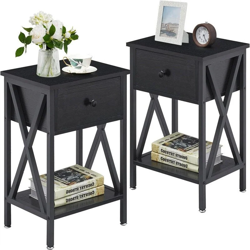 Nightstands Set of 2 Modern Bedside End Tables Dark Black