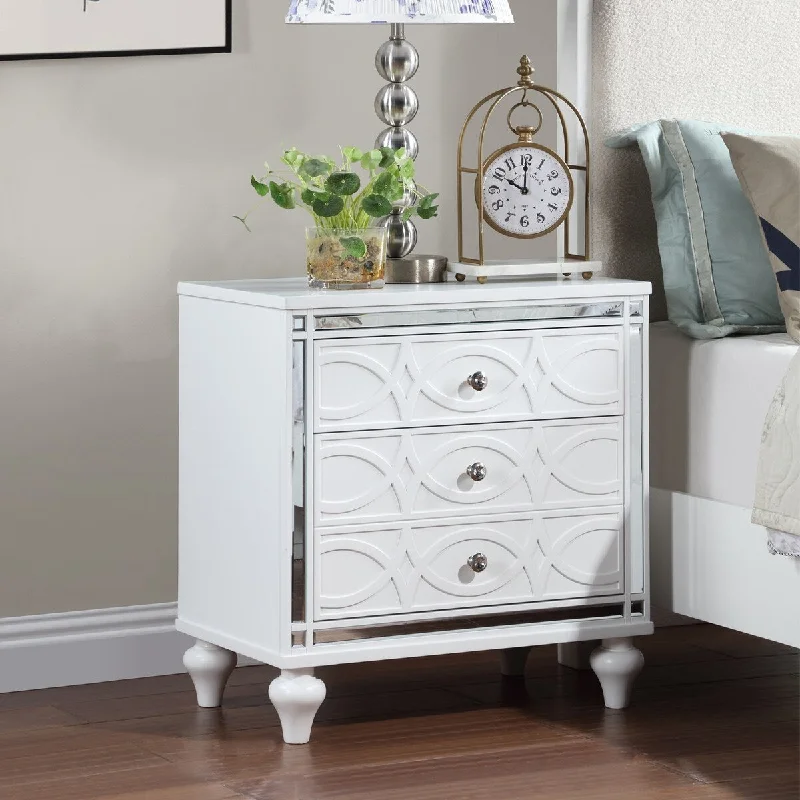 Nightstands with mirror frame accents, Bedside Table with two drawers and one hidden drawer, End Table with Crystal Pull White