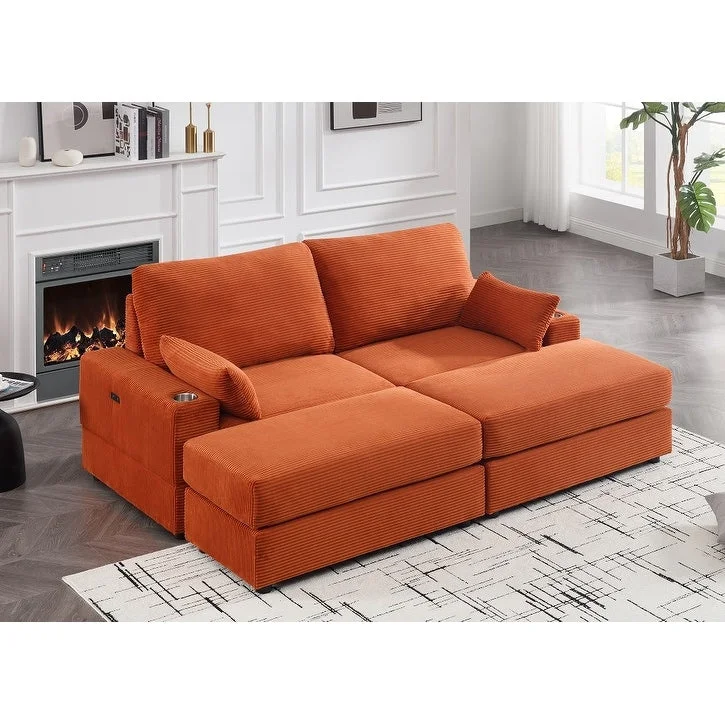 Orange 86.6" Corduroy Loveseat Deep Seat Sofa with 2 Toss Pillows for Living Room