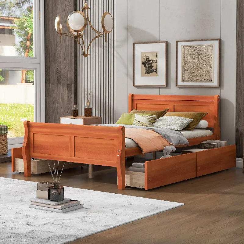 Orange Full Size Wood Platform Bed with 4 Drawers, Elegant Design